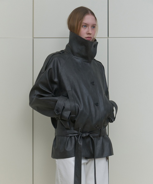 HIGH NECK LEATHER JACKET_CHARCOAL