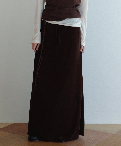 Velvet Silky Long Skirt (Brown)