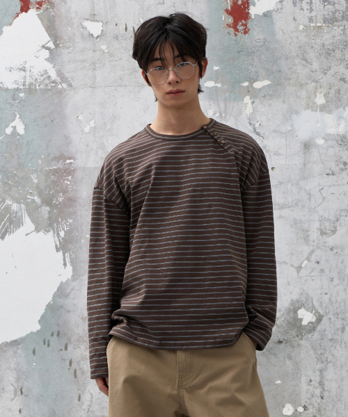 Лонгслив в полоску Henley с боковыми пуговицами (Brown)