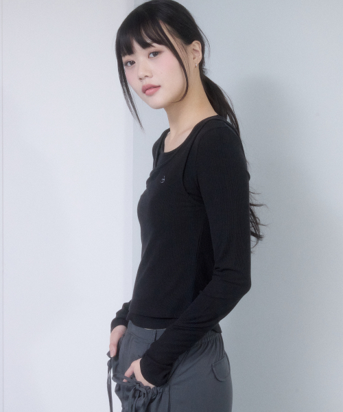 SLIM-FIT LAYERED RIBBED LONG SLEEVE(BLACK)