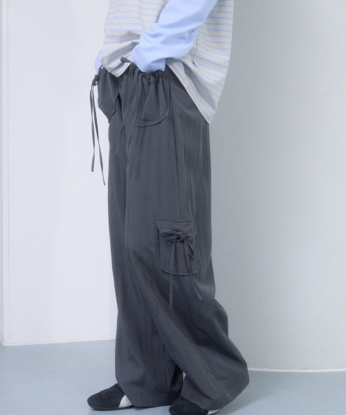 RIBBON POCKET WOVEN CARGO PANTS(GRAY)