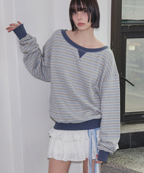 полосатый Off-Shoulder рубашка синий