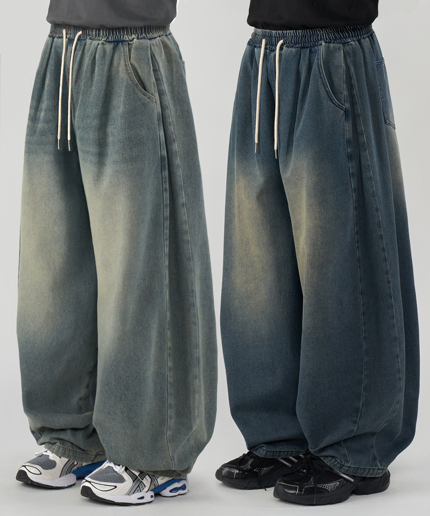 Front side two-tuck wide balloon denim pants 4 colors