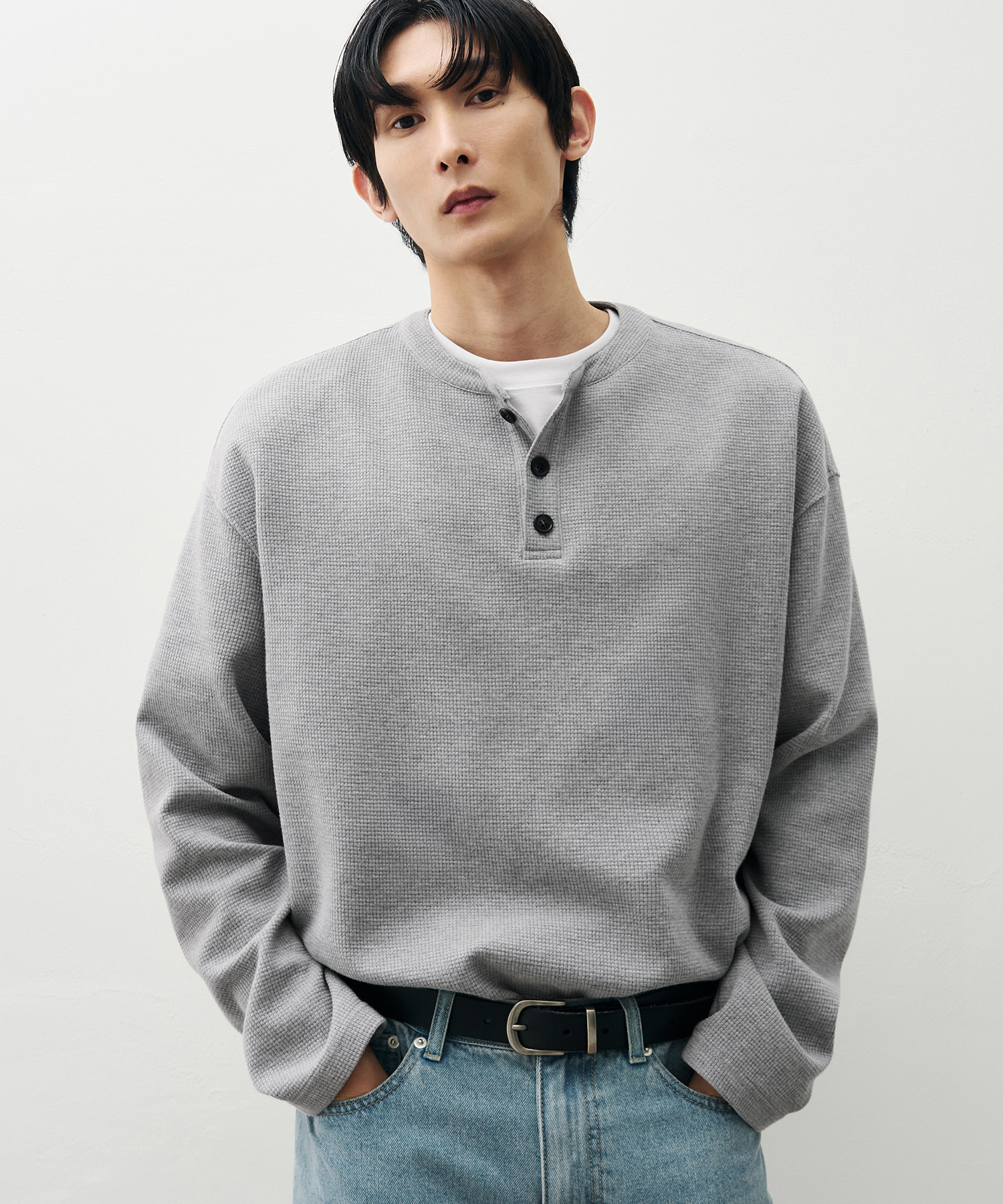 COTTON WAFFLE HELYNECK LONG SLEEVE T-SHIRT [MELANGE]