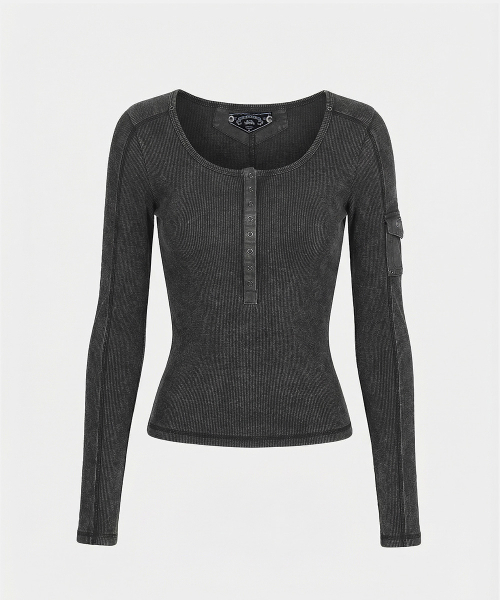 MUSINSA | BADBLOOD Viper Cotton Rib Henley Neck Long Sleeve - Black