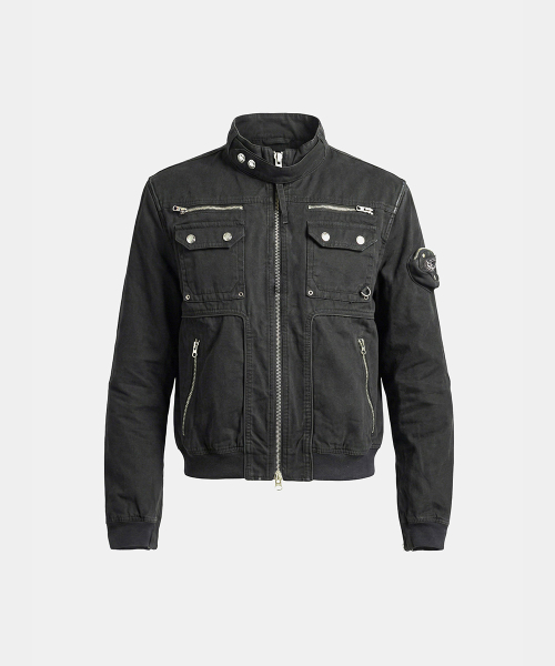 Daytona High-Neck Strap Bomber Jacket - Washed Black