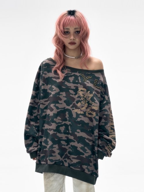 YL STUDDED OFF-SHOULDER SWEATSHIRT CAMO BEIGE