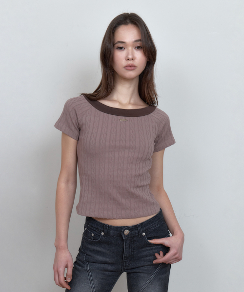 C CABLE BOAT-NECK T-SHIRT_BROWN
