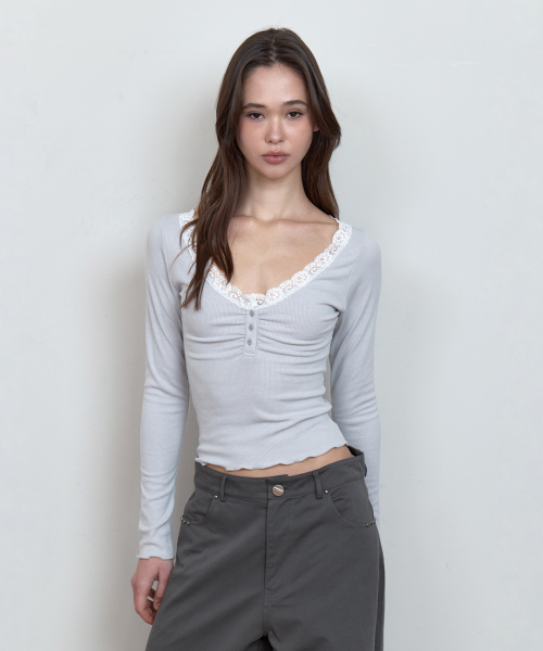 C LACE BUTTON T-SHIRT_LIGHT GREY