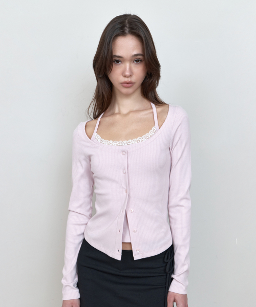 C 2-WAY ROSE BUTTON CARDIGAN SET_PINK