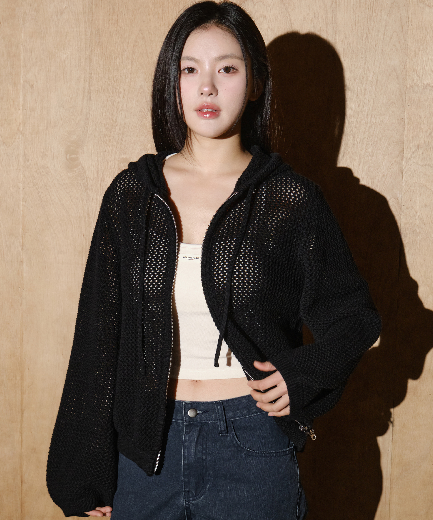 Crochet Knit Zip-Up Cardigan [Black]