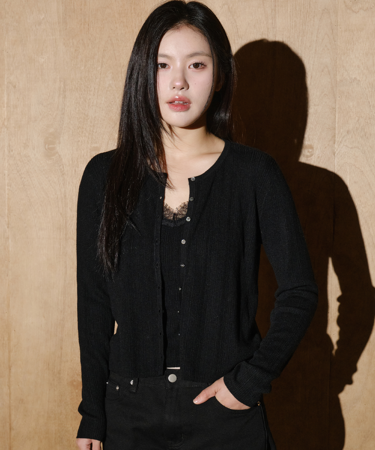[SET] Wool Lace Top Cardigan Set [Black]