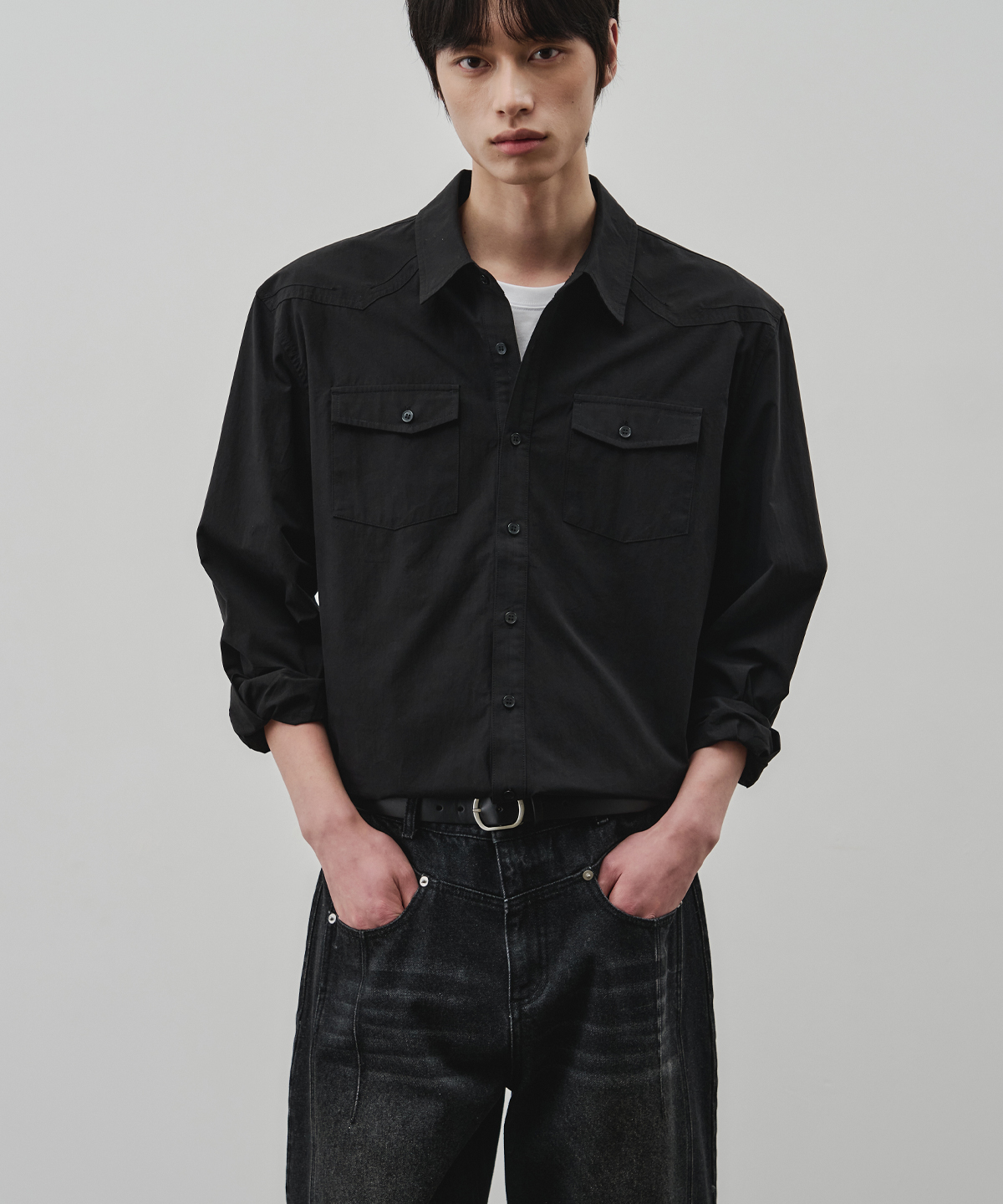 WESTERN LINEAR SOLID CROP SHIRT [BLACK]