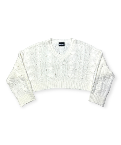 Snow Pearl Stud Cable V-Neck Crop Knit (Ivory)