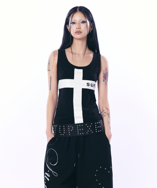 LOGO CROSS SLEEVELESS TOP / BLACK