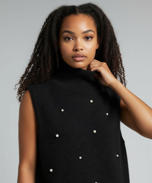 Snow Pearl Stud High-Neck Knit Vest (чёрный)
