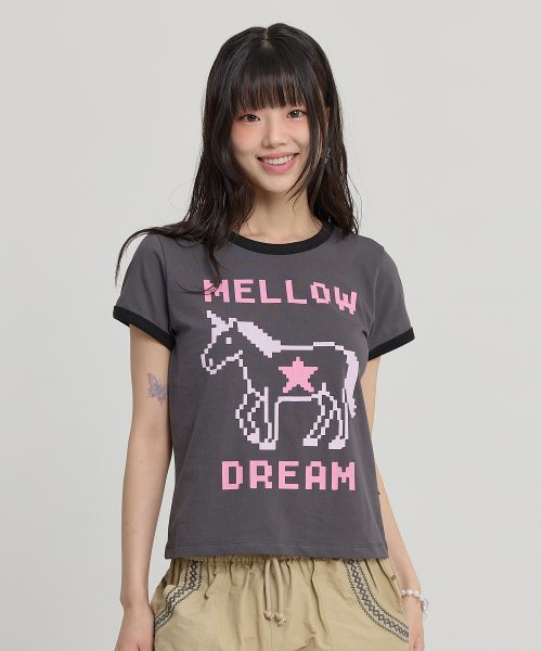 MELLOW DREAM Unicorn Ringer Half T-shirt CHARCOAL