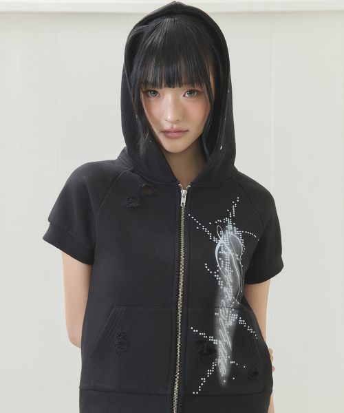 EL DAMAGE SHORT SLEEVED HOOD ZIP UP(BLACK)