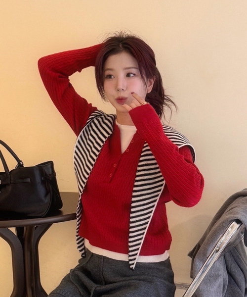 Многослойный трикотажный кабель-нит Henley (Red)