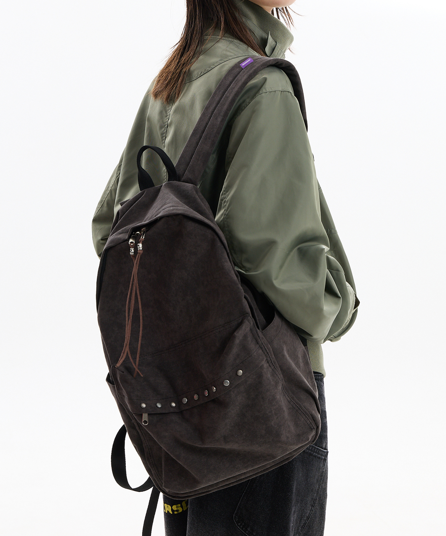 Stud Washed Beads String Backpack DARK BROWN
