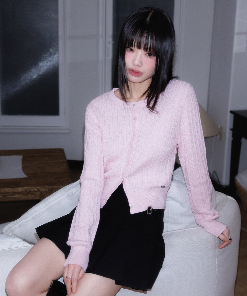 Cable Knit Basic Cardigan [Pink]