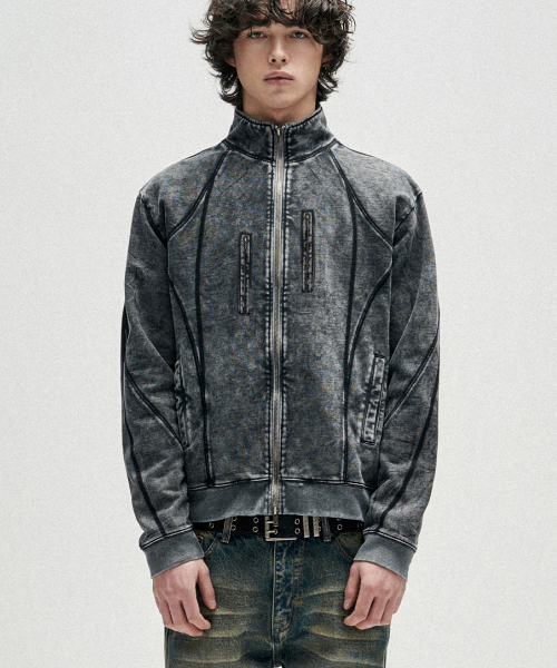 Tie Dye Incision High Neck Zip Up - чёрный