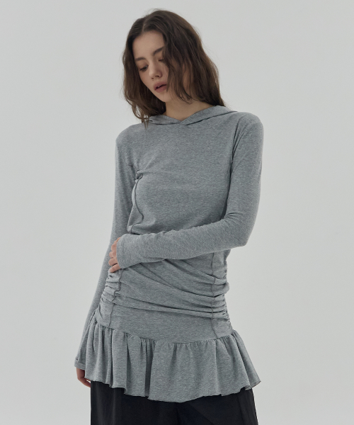 AQUA SHIRRING HOODED DRESS - GREY