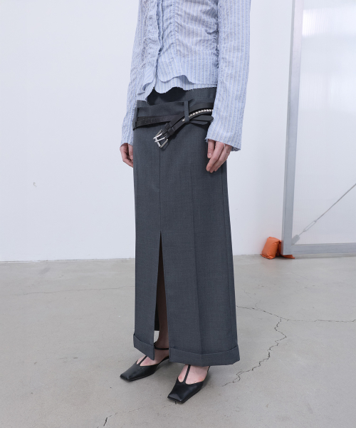 DOUBLE WAIST TAILORED SKIRT (MELANGE GREY)