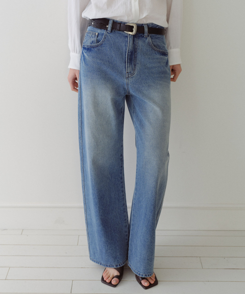 CURVED BRUSH WASH DENIM PANTS - BLUE