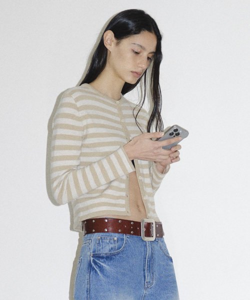 MERINO WOOL BLEND STRIPED CARDIGAN - BEIGE