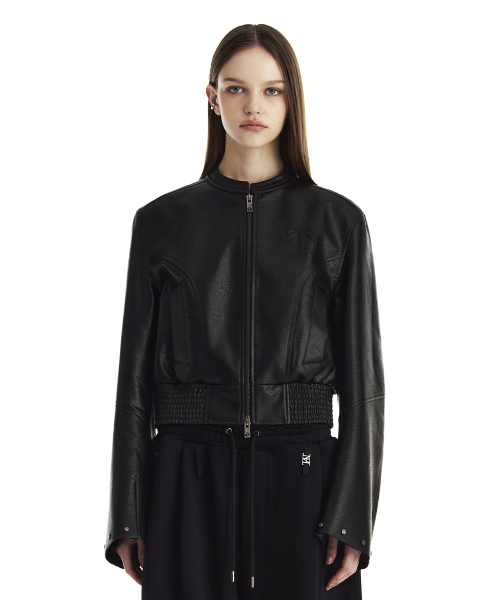 Logo Embossed Leather Slim-Fit Jacket [ Black ]