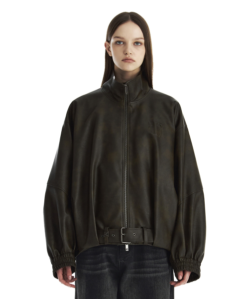 Belted Oversized Leather Blouson [ Brown ]