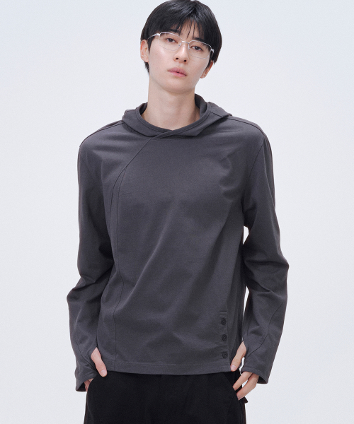 Placket detail hoodie top CHARCOAL