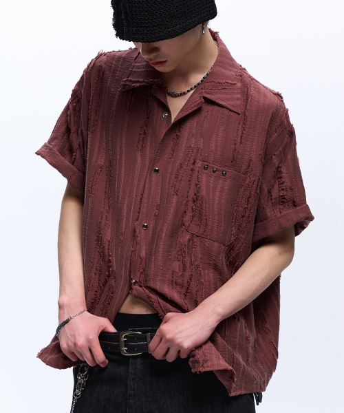 RIPPED JACQUARD HALF SHIRT - WINE