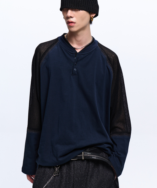 STITCHED KNIT ARM HENLEY NECK LONG SLEEVE - NAVY