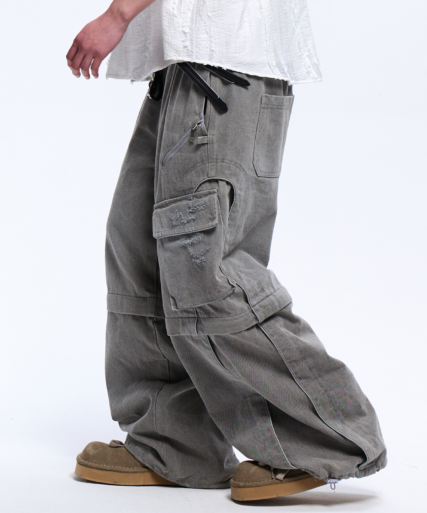 CONVERTIBLE DESTROYED CARGO DENIM PANTS - GRAY