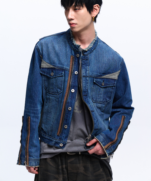 STRIPE MIXED DENIM TRUCKER JACKET - DENIM