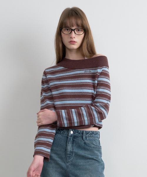 ONE OFF SHOULDER STRIPE KNIT BR+BL