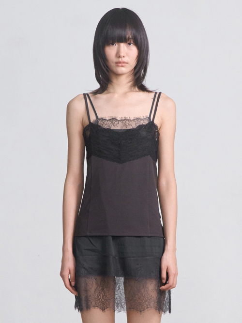 Lace Trim Sleeveless _ Brown