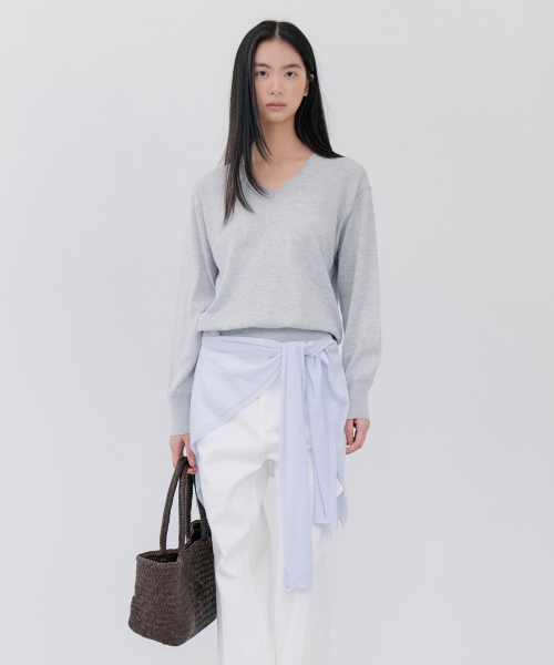 шерсть шёлк V-NECK KNIT пуловер - LIGHT серый