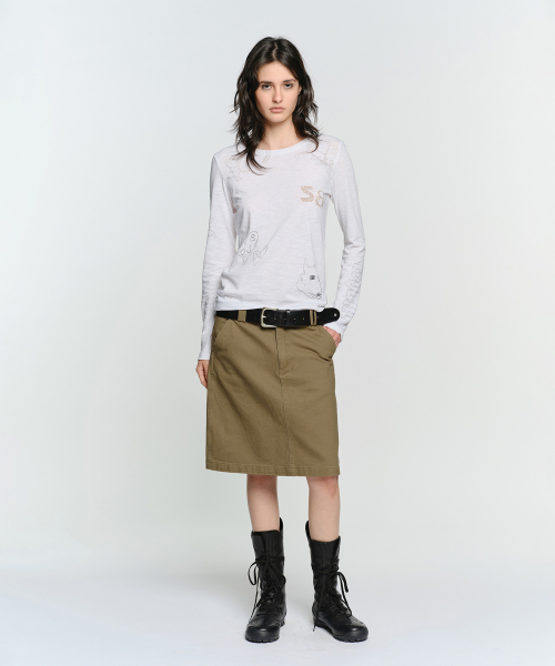 STRAIGHT COTTON MIDI SKIRT, BROWN