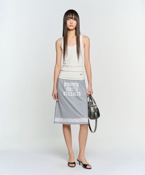 LACE TRIM MIDI SKIRT, MELANGE GRAY
