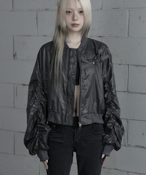 Chest Belt Tipstop Shirring Crop Jacket (Dark Gray)