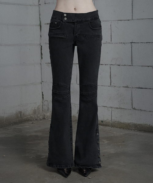 Double Knee Side пуговица Bootcut деним брюки (Dark серый)