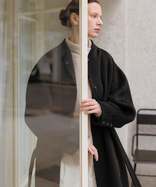 Round Sleeve High Neck Handmade шерстяной Long пальто (чёрный)