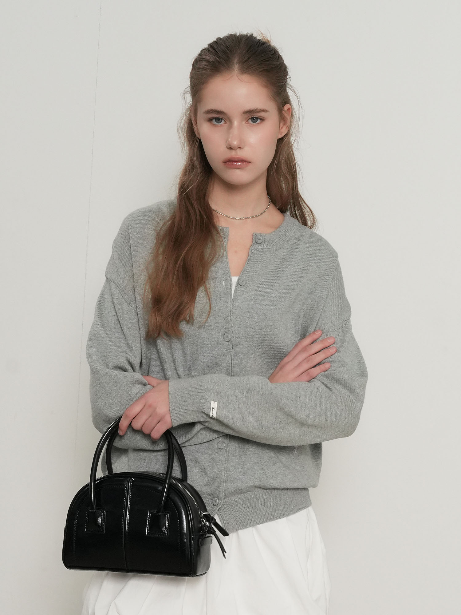 woman cotton loose fit pocket cardigan [light grey]