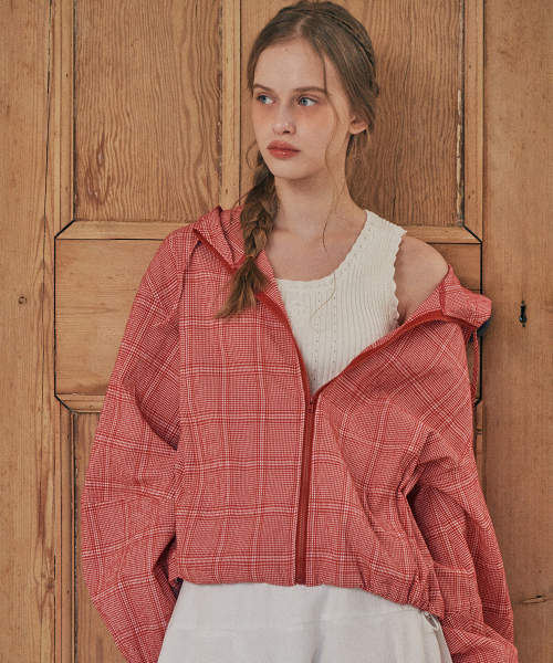 Hooded check windbreaker RED