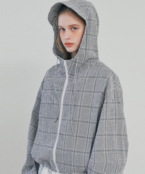 Hooded check windbreaker BLACK