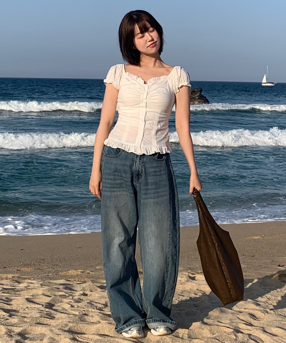woman snap detail wide denim pants [blue]