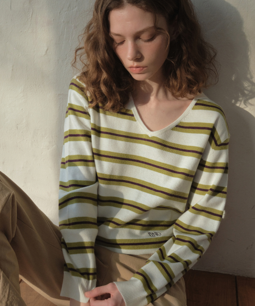 Lento Multi полоска V-Neck Knit_Ivory(OC26KN10)